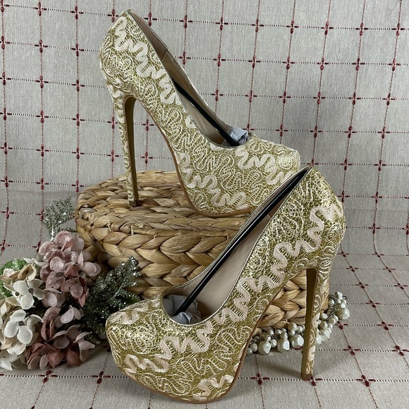 LaSonia Shoes - LaSonia Golden Glitter Ribbons Ultra High Platform Stilettos New Sz 7 Heels